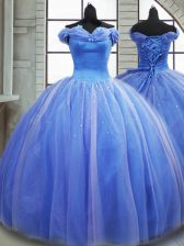  Light Blue Tulle Lace Up Off The Shoulder Sleeveless Quinceanera Dress Brush Train Pick Ups