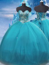  Floor Length Ball Gowns Sleeveless Teal Quinceanera Dresses Lace Up