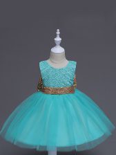  Aqua Blue Sleeveless Knee Length Lace and Bowknot Zipper Little Girls Pageant Dress