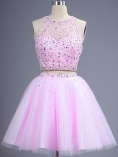 Delicate Scoop Sleeveless Quinceanera Court of Honor Dress Knee Length Beading Lilac Tulle
