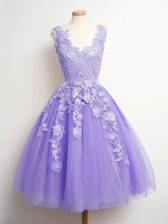 Modern Knee Length Lace Up Quinceanera Court of Honor Dress Lavender for Prom and Party and Wedding Party with Lace