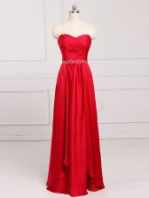Gorgeous Sleeveless Taffeta Floor Length Zipper Quinceanera Court of Honor Dress in Red with Beading and Belt
