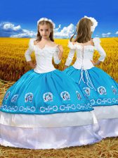 Lovely Ball Gowns Kids Pageant Dress Blue And White Off The Shoulder Taffeta 3 4 Length Sleeve Floor Length Lace Up