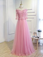 On Sale Pink Prom Dresses Prom and Party and Military Ball and Sweet 16 with Beading and Lace and Appliques Off The Shoulder 3 4 Length Sleeve Lace Up