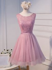 Dazzling A-line Dress for Prom Pink Scoop Tulle Sleeveless Mini Length Lace Up