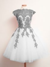  White Tulle Lace Up Scalloped Sleeveless Mini Length Quinceanera Court of Honor Dress Appliques