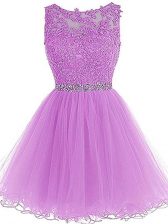 Chic Lilac A-line Scoop Sleeveless Tulle Mini Length Lace Up Beading and Lace and Appliques Prom Evening Gown