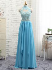  Baby Blue Empire Chiffon Halter Top Sleeveless Appliques Floor Length Backless Dress for Prom