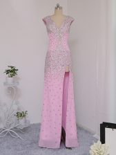 Hot Selling Lilac Short Sleeves Beading Floor Length Prom Dress
