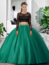 On Sale Scoop Long Sleeves Quinceanera Gown Floor Length Lace and Ruching Dark Green Tulle