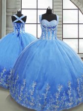 Super Baby Blue Tulle Lace Up Sweetheart Sleeveless Floor Length Quinceanera Gowns Beading and Appliques