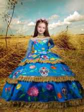 New Style Blue High-neck Lace Up Embroidery Little Girl Pageant Dress Long Sleeves