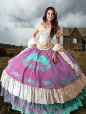 Exceptional Multi-color Ball Gowns Taffeta Off The Shoulder Sleeveless Embroidery and Ruffled Layers Lace Up Sweet 16 Dress Brush Train