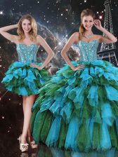  Sweetheart Sleeveless Sweet 16 Dresses Floor Length Beading and Ruffles and Ruffled Layers Multi-color Organza