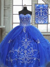 Luxury Blue Lace Up Sweetheart Beading and Appliques Ball Gown Prom Dress Tulle Sleeveless