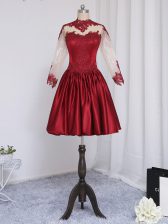  Elastic Woven Satin High-neck Long Sleeves Zipper Beading and Appliques Dress for Prom in Wine Red