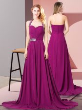  Fuchsia Zipper Halter Top Beading and Ruching Prom Dresses Chiffon Sleeveless Brush Train