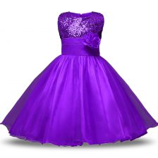 Deluxe Sleeveless Zipper Knee Length Bowknot and Belt and Hand Made Flower Toddler Flower Girl Dress