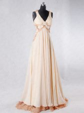  Champagne Homecoming Dress Prom and Party with Beading and Lace and Hand Made Flower V-neck Sleeveless Sweep Train Backless