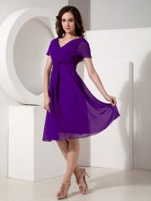 Great Purple V-neck Zipper Ruching Prom Party Dress Short Sleeves