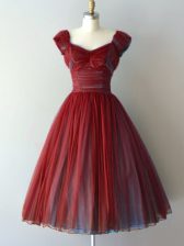  Rust Red Cap Sleeves Ruching Knee Length Vestidos de Damas