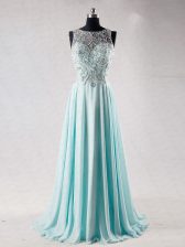  Aqua Blue Empire Chiffon Scoop Sleeveless Beading Zipper Prom Party Dress Brush Train