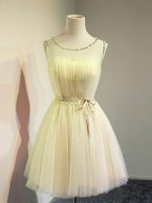 Romantic Gold Sleeveless Knee Length Belt Lace Up Dama Dress for Quinceanera