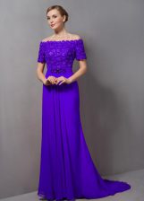  Empire Short Sleeves Purple Prom Party Dress Sweep Train Zipper