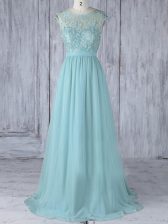 Sophisticated Aqua Blue Vestidos de Damas Chiffon Sweep Train Cap Sleeves Lace
