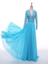  Lace and Appliques Prom Dress Baby Blue Zipper Long Sleeves Floor Length