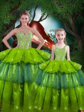  Sweetheart Sleeveless Vestidos de Quinceanera Floor Length Beading and Ruffled Layers Olive Green Organza