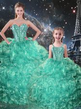  Turquoise Ball Gowns Beading and Ruffles Quince Ball Gowns Lace Up Organza Sleeveless Floor Length