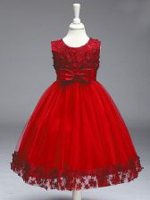  Wine Red Sleeveless Knee Length Lace and Bowknot Zipper Kids Pageant Dress