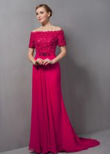  Chiffon Off The Shoulder Short Sleeves Sweep Train Zipper Lace Prom Dress in Hot Pink