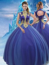 Fashion Royal Blue Sleeveless Appliques Floor Length Sweet 16 Dresses