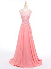 Fashionable Watermelon Red Empire Chiffon Sleeveless Beading and Lace Lace Up Evening Dress Brush Train