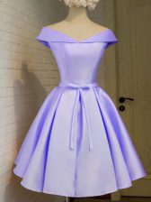  Off The Shoulder Cap Sleeves Vestidos de Damas Knee Length Belt Lavender Taffeta