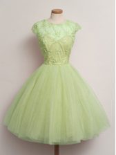 Delicate Ball Gowns Quinceanera Dama Dress Yellow Green Scoop Tulle Cap Sleeves Knee Length Lace Up