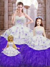 Custom Design White And Purple Sweetheart Neckline Beading and Appliques and Ruffles Quinceanera Dress Sleeveless Lace Up
