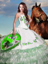 Hot Selling White Lace Up Quinceanera Gowns Embroidery and Ruffled Layers Sleeveless Floor Length