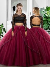  Fuchsia Long Sleeves Lace and Ruching Floor Length Quinceanera Dress