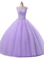 Custom Designed Floor Length Lavender 15th Birthday Dress Tulle Sleeveless Beading and Lace