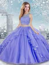 Best Selling Lavender Two Pieces Beading and Lace Ball Gown Prom Dress Clasp Handle Tulle Sleeveless Floor Length