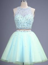 Designer Light Blue Tulle Zipper Scoop Sleeveless Knee Length Damas Dress Beading