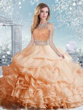  Organza Scoop Sleeveless Clasp Handle Beading and Ruffles and Pick Ups Sweet 16 Dress in Peach