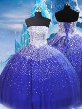 Low Price Blue Strapless Neckline Beading Ball Gown Prom Dress Sleeveless Lace Up