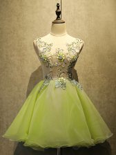 Stunning Yellow Green Organza Lace Up Scoop Sleeveless Mini Length Prom Dress Embroidery