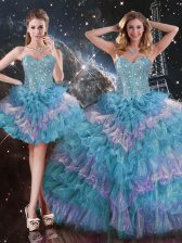  Multi-color Ball Gowns Sweetheart Sleeveless Organza Floor Length Lace Up Beading and Ruffled Layers Ball Gown Prom Dress