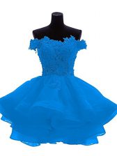 Perfect Blue Off The Shoulder Zipper Lace and Appliques and Ruffles Evening Dress Sleeveless