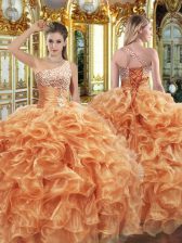 Orange Organza Lace Up Vestidos de Quinceanera Sleeveless Floor Length Beading and Ruffles